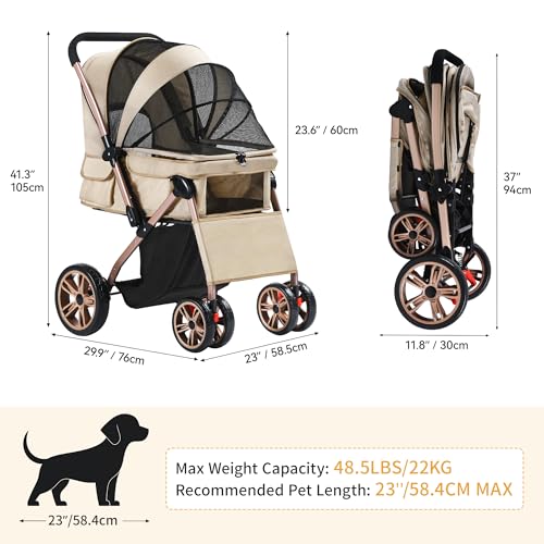 DWVO Hundebuggy 3 in1 Hundebox Transporttasche, Faltbar klappbar Katzenwagen Bis 22kg, 360° Verschleißfeste EVA-Räder, Ablagekorb, Netzfenstern, 58,5x76x105cm, hundewagen für hunde (Beige)