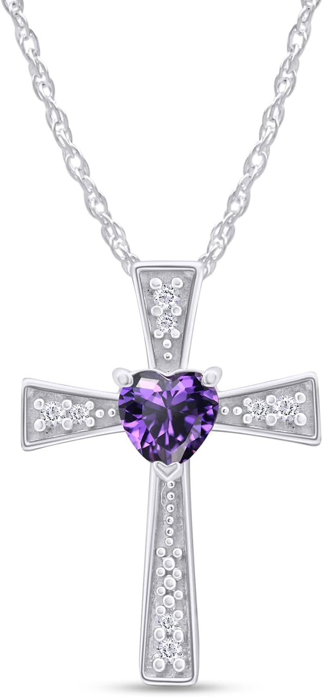 AFFY Center 4MM Heart Cut Simulated Amethyst with White Cubic Zirconia Cross Pendant Necklace in 14k Gold Over Sterling Silver, 18" Chain