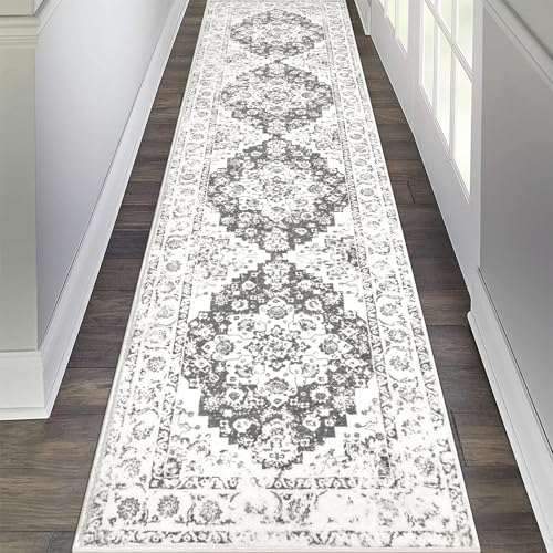 Pauwer Vintage Floral 2x8 Runner Rug, Non Slip Hallway Runner, Grey White