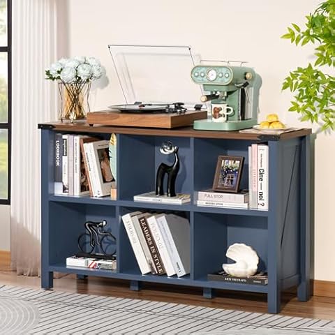 Joaxswe 6 Cube Bookcase, Farmhouse Wood Low Storage Organizer Book Shelf, 47" Horizontal Navy Blue Console Bookshelf with Legs, Hallway Book Case Cover