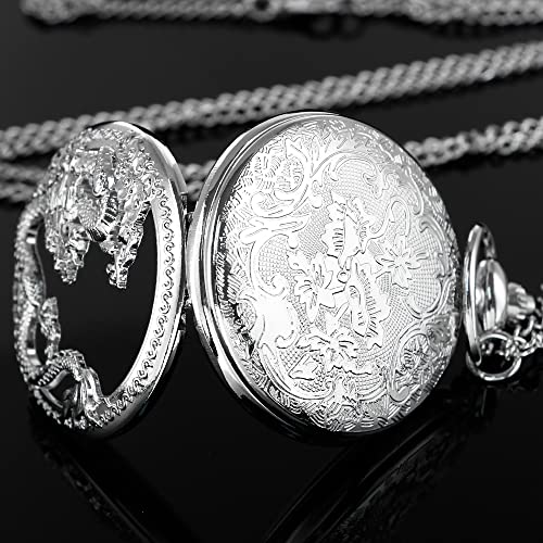 Image of Dragon Design Quartz Pocket Watch Roman Numerals with Chain Birthdays Gifts for Father's Days