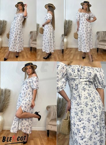 BLENCOT Casual Womens Summer Short Sleeve Square Neck Split Thigh Dress Boho Floral Print Tie Front Ruched Midi Dresses AP120White Medium Size