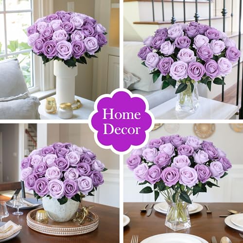 Image of INSPRING 50 PCS Purple Roses Artificial Flowers with Long Stems | Real Looking, Fake Roses, Silk Flowers, DIY Bouquet, Wedding Party Celebration Home Bridal Decoration Gift, for Her Wife