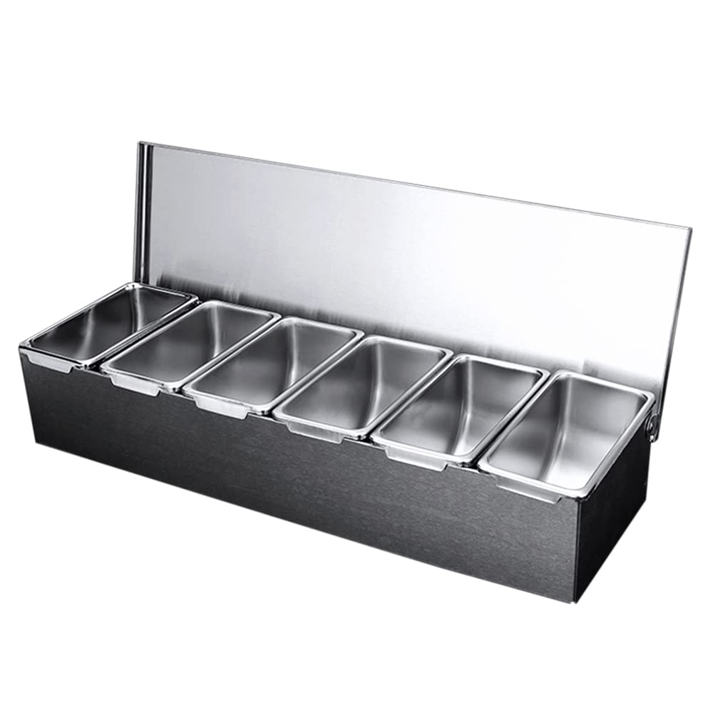 Stazione per pizza a 6 scomparti in acciaio inox con coperchio Erogatore di condimenti refrigerato riutilizzabile contenitore per condimenti per ristoranti catering e feste 45,5 x 15 x 9 cm