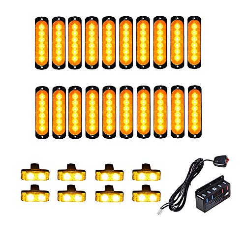 20PCS Ultra Slim 6-LED 18W Emergency Hazard Caution Surface Mount Strobe Light & 8pcs Car Truck Grille Deck Dash Flashing Light - Amber Yellow