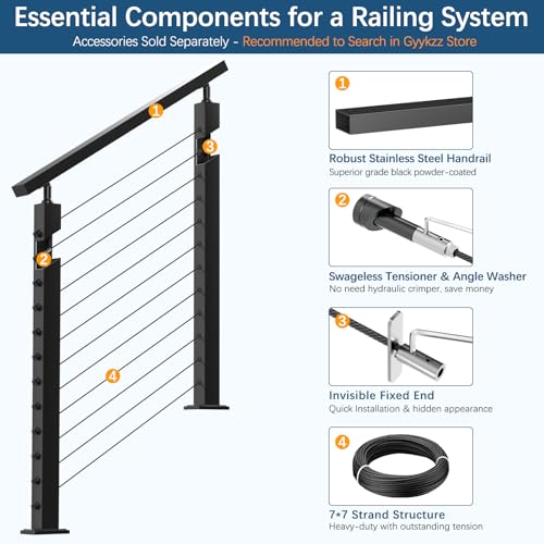 Image of 42 inch Stair Cable Railing Post Fit 28-38 Degree Stairway, Stainless Steel T304 Deck Post for Stair Railing System, Upgraded Black Powder Coated Wire Metal Post for Satir Indoor Outdoor