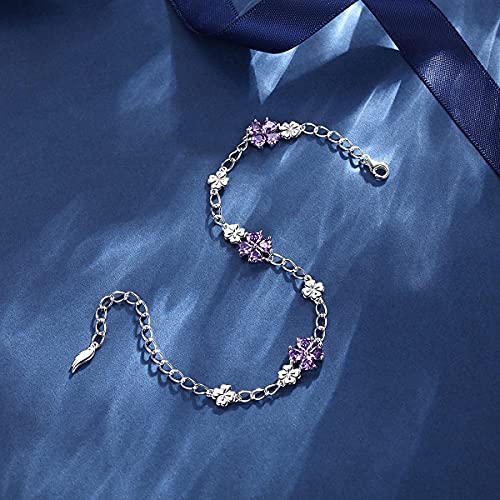 Image of JIANGXIN Lucky Four leaf clover 925 Sterling Silver Birthstone Chain Link Bracelet for Women Gemstone Jewelry Shamrock Birthday Gift 16+4cm