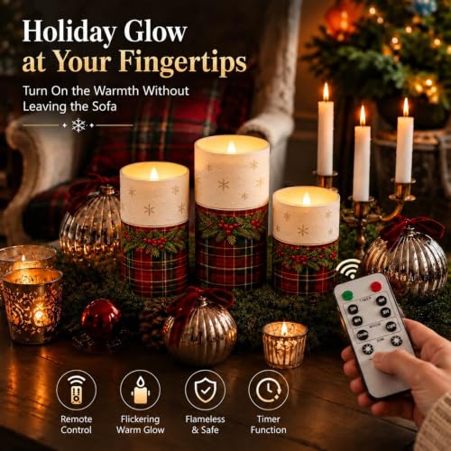 Image of Tujoe 3 Pcs Christmas Tartan Plaid Flameless Candles LED Pillar Candle