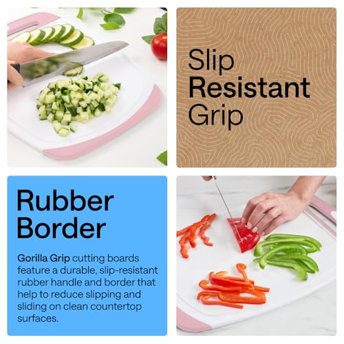 Image of GORILLA GRIP BPA-Free Reversible Kitchen Cutting Board Set of 3, US Designed, Nonporous, Juice Grooves Catch Liquid, Slip Resistant Border, Dishwasher Safe, Durable Large Food Chopping Boards, Pink