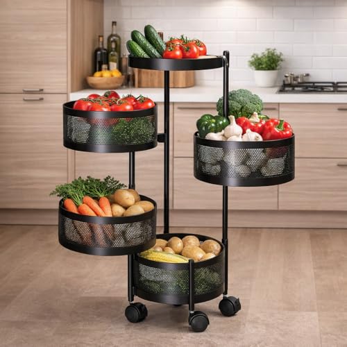 Image of RADIANT 4 Layer Multipurpose Plastic Trolley with Dish Rack for Kitchen Fruit Vegetable Storage Basket Kitchenware Food, Snacks, Toys, Tiered Shelf (Black) (Round Trolley - 4 Layer)