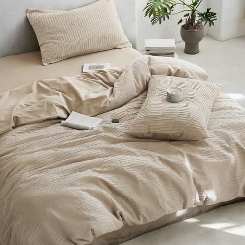 Covebett Seersucker Bettwäsche 135x200 2teilig Beige Gestreift Atmungsaktiv – Ansicht 4