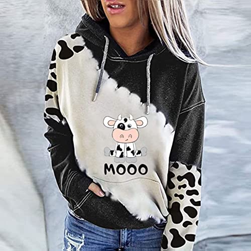 Fall Clothes For Women Cute Cow Print Color Block Long Sleeve Pocket Hoodie Teen Girls Oversized Winter Warm Loose Lightweight Hooded Open Front Cardigan Jacket Coat Tops Pullover(Red,X-Large) #TOP1