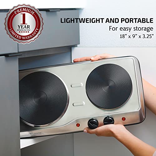 Ovente Electric Countertop Double Burner, 1700W Cooktop With 7.25 And 6.10 Inch Cast Iron Hot Plates,Temperature Control, Portable Cooking Stove And Easy To Clean Stainless Steel Base, Silver Bgs102S #TOP2