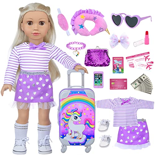 DONTNO 29 Pcs American Doll Clothes and Accessories, Cute Travel Play Set fit 18 Inch Doll with Purple Clothes Suit, Unicorn Suitcase, Handbag, Lipstick, Camera, Sunglasses for Kids