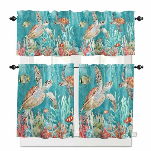 Brown Sea Turtle Coastal Kitchen Curtains 24 Inch Length,3 Piece Rod Pocket Small Half Tiers and Valance Set,Teal Summer Beach Coral Nautical Small Large Window Treatment Decor for Bedroom/Bathroom