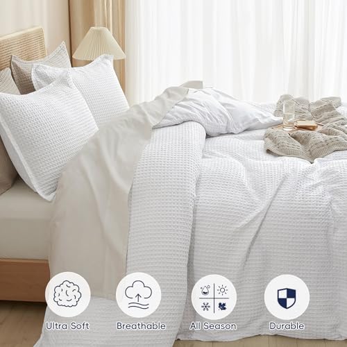 Image of PHF Waffle Weave Duvet Cover Set Queen Size, No Snagging Ultra Soft Luxury Textured Breathable Comforter Cover for All Season 3pcs, Durable Bedding Duvet Set with 2 Pillow Shams, 90 inchx90 inch, White