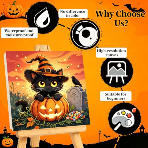 Arttoplus 4 Pack Halloween Paint by Numbers Kit for Kids with Frame, Black Cat Kids Paint by Numbers Ages 4-8-12 with Wooden Easel,Easy Oil Painting by Number for Gift Home Wall Decor(8x8 inch) - Image 3