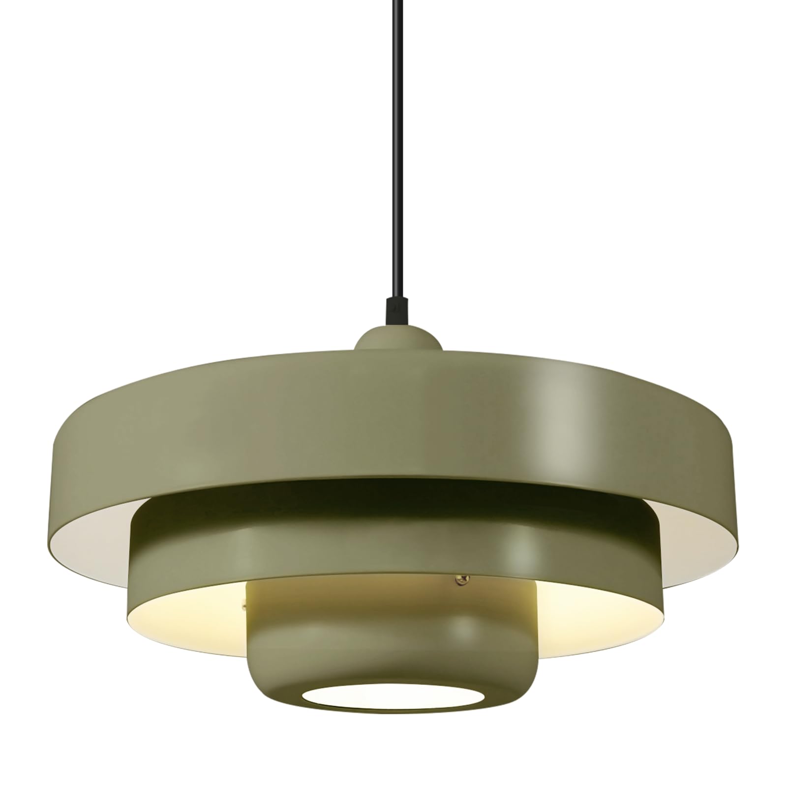 Olive Green 3-Tier Pendant Light, 13.8" Mid Century Modern Adjustable Black Cord Hanging Lamp, E26 Ceiling Fixture for Kitchen Island Dining Room Living Room