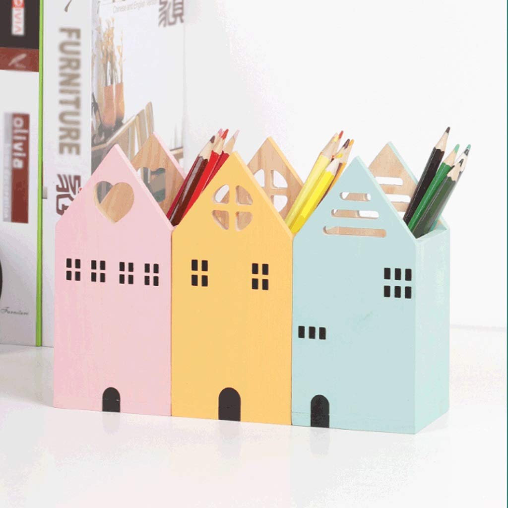 Portapenne Portapenne da scrivania in Legno, Piccola Scatola portamatite a Forma di casa, graziose Decorazioni per Il Desktop, Famiglia di Grande capacità (Giallo)