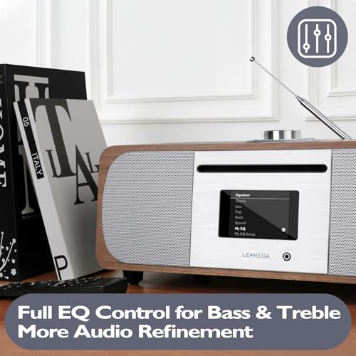 Image of LEMEGA M6P CD Player, FM, Bluetooth, Powerful HiFi, Subwoofer, Walnut | 2.8in colour display, 40 presets, remote control, wooden cabinet, headphone jack, internal subwoofer, EQ modes, remote