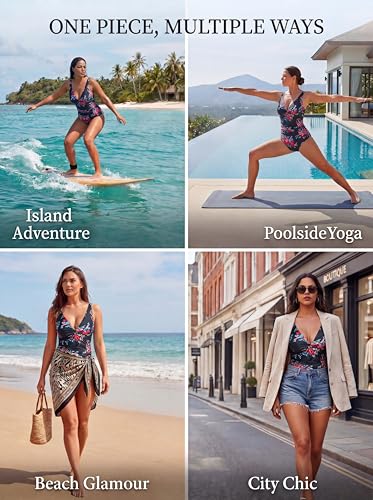 Image of Smismivo Women's Tummy Control Swimsuit One Piece Slimming Ruched Push Up Bathing Suit Vintage Padded Retro V Neck Swimwear