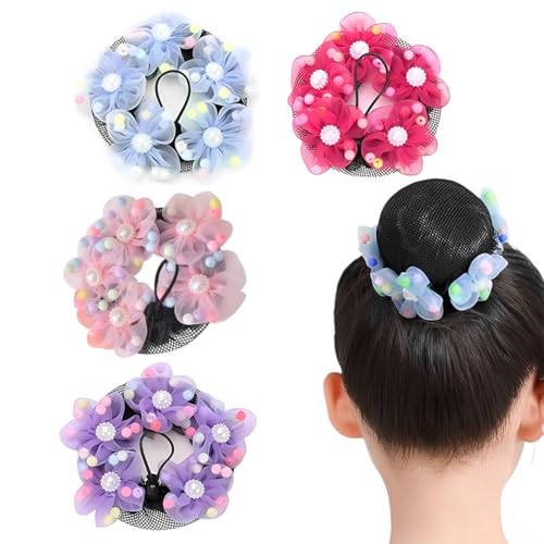 LAJUP Paquete de 4 accesorios para niños, redecilla para el pelo para baile de ballet, redecilla elástica para el pelo para ballet, juego de moño de baile con flores