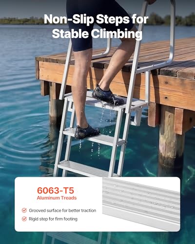 Image of VEVOR Flip-Up Dock Ladder, 6-Step, Heavy-Duty Aluminum Alloy Pontoon Boat Swim Ladder, with Non-Slip Wide Steps, 350 lbs Weight Capacity, Pull Rope Assist, Comfort Use for Lake Pool Marine Boarding