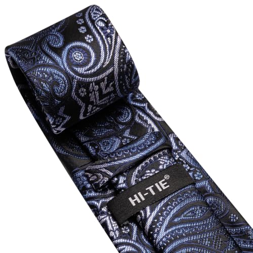 Image of Hi-Tie Men Silk Ties Set with Flower Lapel Pin Necktie Pocket Square Cufflinks for Tuxedo Wedding Business