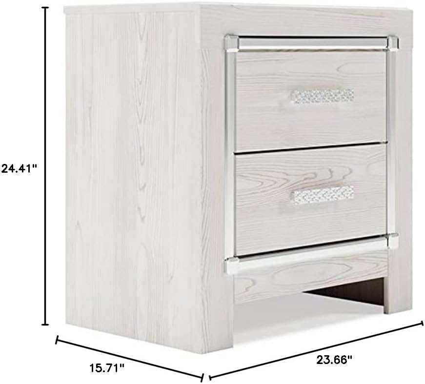 BOWERY HILL Two Drawer Engineered Wood Nightstand, Pearlized White Finish, Chrome-Tone Accents, 24.41" H x 23.66" W x 15.71" D, USB and Wireless Charging, Modern Bedroom Storage