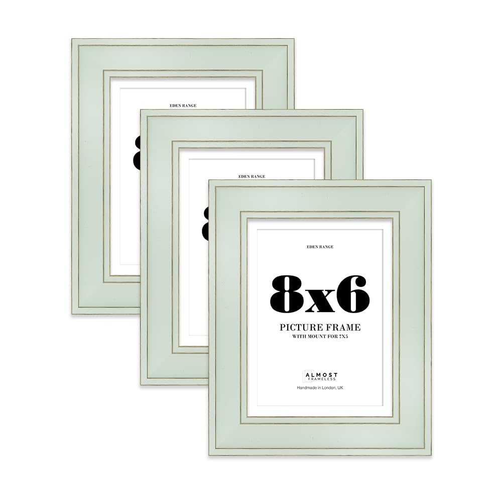 8x6" Sage Green Picture Frame with 7x5" Mount - Shabby Chic Photo Frame with Distressed Finish, Gold Trim, Wall Hooks and Kickstand, 37mm Edge - 3 Pack