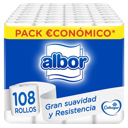Colhogar Albor 108 Rollos - Papel Higiénico Suave - Papel de Baño de 2 Capas - 100% Libre de Perfume - Blanco - 9x12
