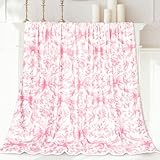 JarThenaAMCS Pink Bow Floral Flannel Blanket 60 x 50 Inch Coquette Bow Knot Chinoiserie Flower Decorative Throw Blanket Soft Blanket for Home Chair Sofa Couch Bed