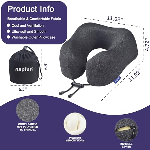 napfun Travel Pillow, Travel Accessories & Travel Essentials for Airplane Upgraded 100% Pure Memory Foam Travel Neck Pillow for Flight Headrest Sleep, Portable Plane Necessities, Full Black
