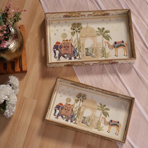 Image of Wooden Serving Tray with Gold Engraving | Set of 2 | Size : 16 x 10 inch & 14 x 8 inch | Enamel Coated Waterproof | Rectangular | Decorative Trays | Royal Camel Large & Medium
