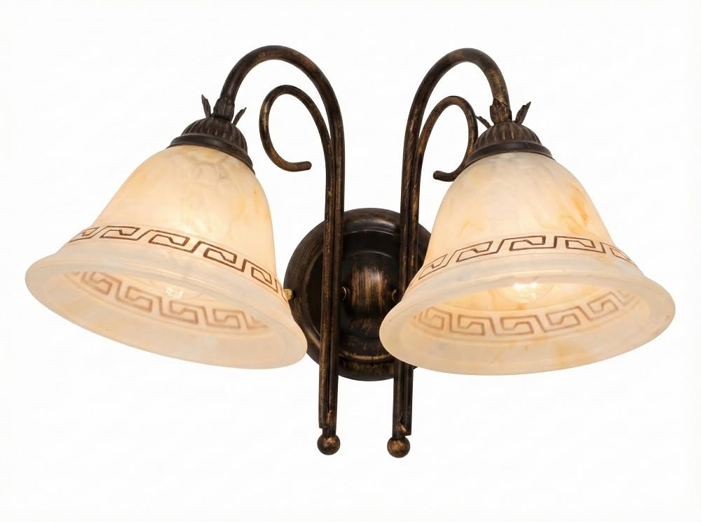 Generico Applique in ferro battuto a 2 Luci Stile Classico Rustico con vetri ambra Greca-AP2