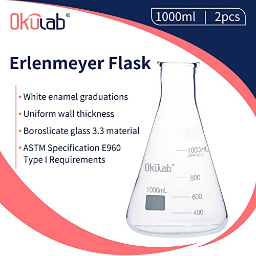 Okulab Conical Flask Set Glass Erlenmeyer Flasks, 2pcs of Vol.1000ml, Borosilicate 3.3 Glass Material with Printed Graduation, EFNG1000A2 - Thumbnail 2