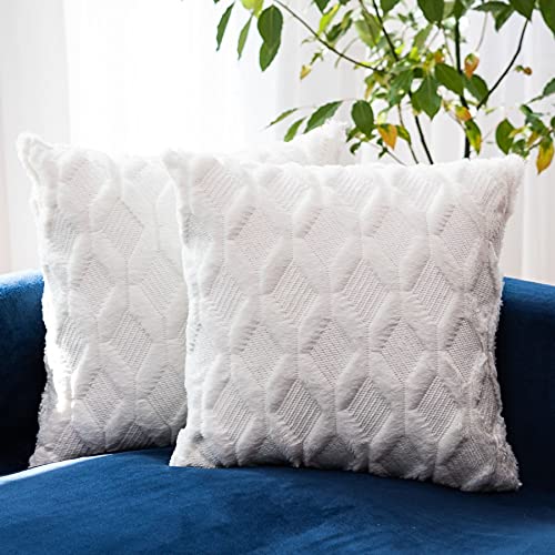 HUIXIZS Ensemble de 2 Housses de Coussin, Coussin en Peluche Douce et Laine de Couleur Unie Courte,à la Chambre à Coucher,au canapé,à la Housse de Coussin de Chaise de Bureau (Blanc, 45x45cm) Cover