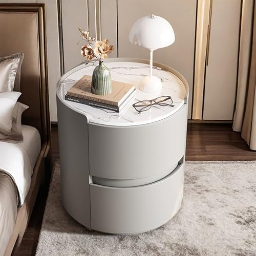 AuraFurn Table de chevet ronde avec plateau en marbre - Table basse moderne en cuir avec 2 tiroirs en bois massif - Pour chambre à coucher, salon - Gris - 40...