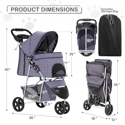 Image of MoNiBloom 3 Wheels Pet Dog Cat Stroller for Small Medium Dogs Cats, Lightweight Foldable Jogger Stroller w /Storage Basket and Cup Holder, Plaid