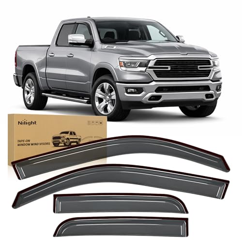 Image of Nilight Tape on Window Visors for Dodge Ram 1500 Quad Cab 2019-2026, 4PCS | For New Body Quad Cab Only, Not for Crew Cab or Classic, Outside-Mount Rain Guards for Fresh Air Circulation, Smoke Tinted