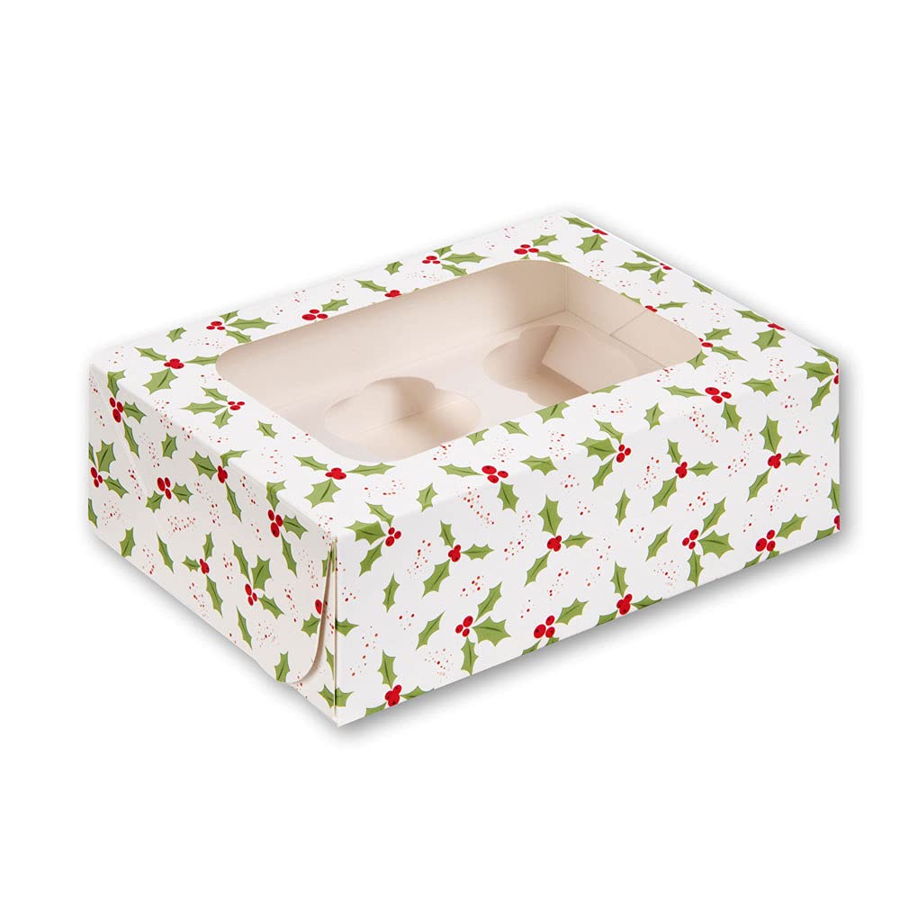 Anniversary House Christmas Cupcake Box with Window and Removable 6 Hole Insert, Holly Print, Easy Assembly, 7.5 x 16 x 23 CM, J071