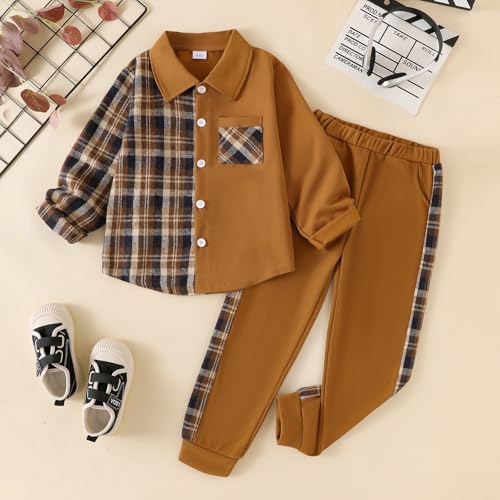 Image of Boy Clothes Fall Winter Outfits Long Sleeve Plaid Patchwork Button Down Shirt + Casual Pocket Sweatpants 5-14 Years