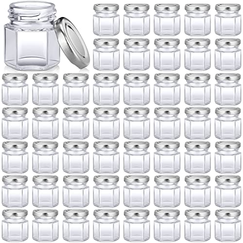 Nuogo 100 Pcs 1.5 oz Hexagon Mini Glass Jars Bulk Honey Jars, Silver
