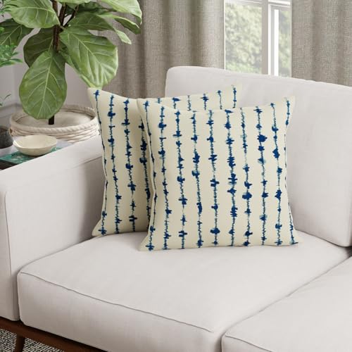 Image of HUESLAND Premium Cotton Cushion Cover 12 x 12 inch Set of 5 | Decorative Throw Pillow Covers for Sofa, Living Room & Bedroom | Blue Vertical Stripes