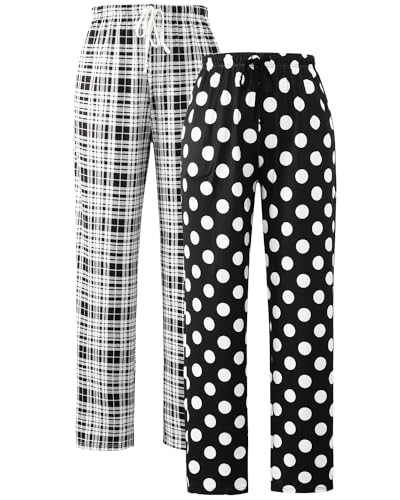 Knuffnee Schlafanzughosen für Damen Lang Karierte Pyjamahose Stretch Freizeithose Weich Schlafhose mit Taschen 2 pack Schwarzer Kariert/Dots XL