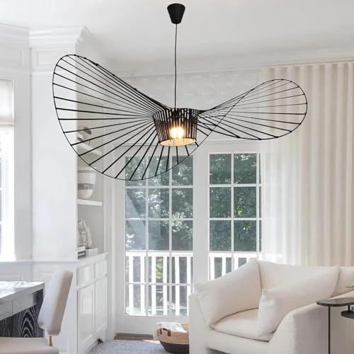 Image of Modern Black Woven Chandelier, 62.99 inch Farmhouse Coastal Hat Pendant Light Fixtures Matte Black Handwoven Shade Boho Pendant Hanging Lamp for Kitchen Dining Room Bedroom Foyer Hallway