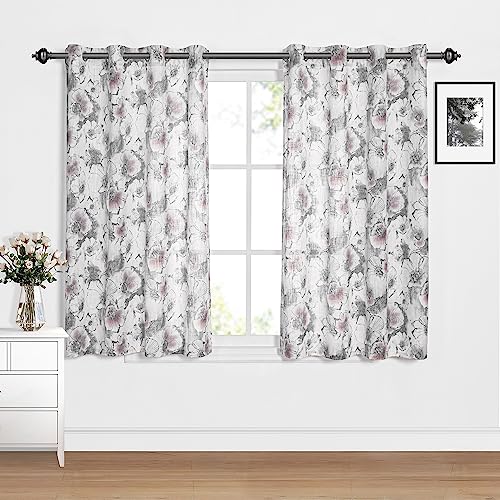 Image of MYSKY HOME Curtains 63 Inch 2 Panels Length Floral Light Filtering Curtains for Living Room Pattern Light Privacy Cotton Burlap Effect Drape Window Treatments Grommet, Pink and Grey