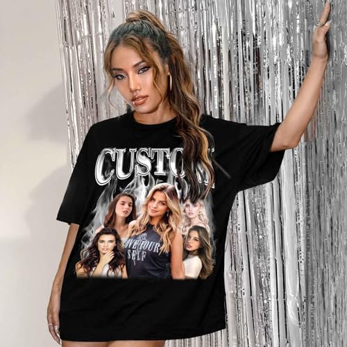LucBuy Personalisierte T-Shirts, Individuelles Retro Bootleg Rap Sweatshirt mit Gesichts Fotos Text in Übergröße, Lässiger Rundhalsausschnitt überschnittene Schultern lockere Hoodies Geschenke (A3)