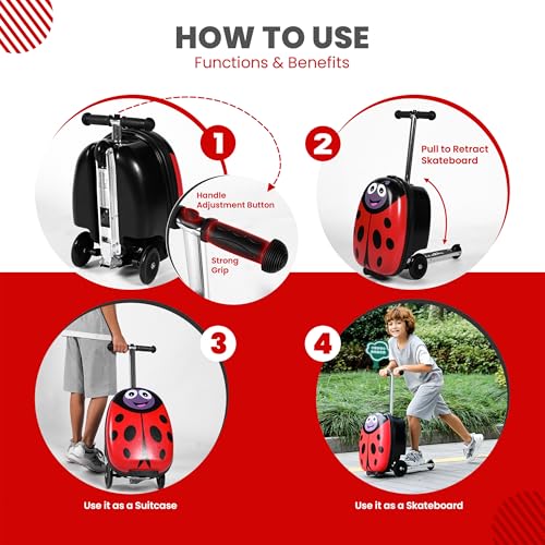 Ladybug Kids Scooter Suitcase - Folding Kids Luggage with Wheels - Multifunctional Ride on Luggage Travel suitcase with Strong Grip, Easy Locks and Zippers – Capacity to Hold 110LB2
