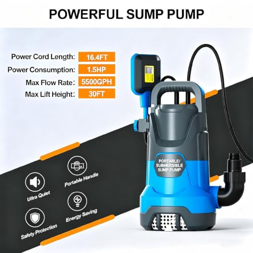 Image of Submersible Water Automatic Sump Pump 1.5HP Clean /Dirty Water Removal Pump 5500PGH With Float Switch Electric Portable Transfer Water Pump for Swimming Pool Garden Pond Basement Draining
